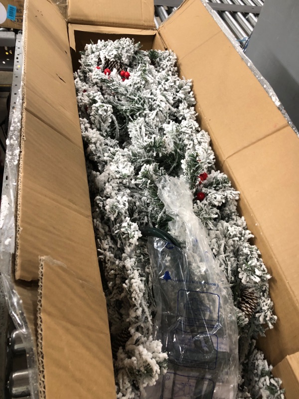 Photo 2 of 6 Ft Prelit Flocked Artificial Slim Christmas Tree, 500 Thick Realistic Snow Branch Tips, 174 Red Berries, 29 Pinecones, 240 LED Clear Lights, Fire-Resistant, UL Plug, Metal Stand, Hinged Flocked Tree Flocked-clear Lights 6 ft