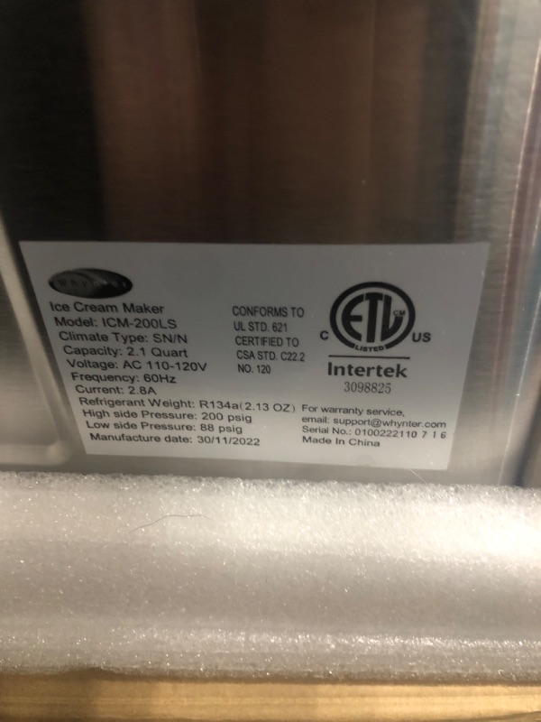 Photo 4 of ***NOT FUNCTIONAL - FOR PARTS - NONREFUNDABLE - SEE NOTES***
Whynter ICM-200LS Upright Automatic Ice Cream Maker 2.1 Quart Capacity with Built-in Compressor