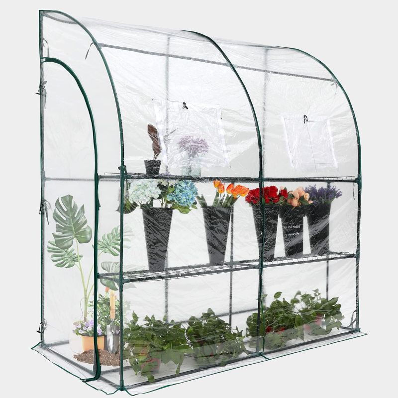 Photo 1 of ***USED - PREVIOUSLY OPENED - LIKELY MISSING PARTS***
ABCCANOPY Lean-to Walk-in Greenhouse, Portable Gardening Greenhouse for Indoor Outdoor with 2 Tier 4 Shelves (Transparent PVC Cover) Polyvinyl Chloride transparency
