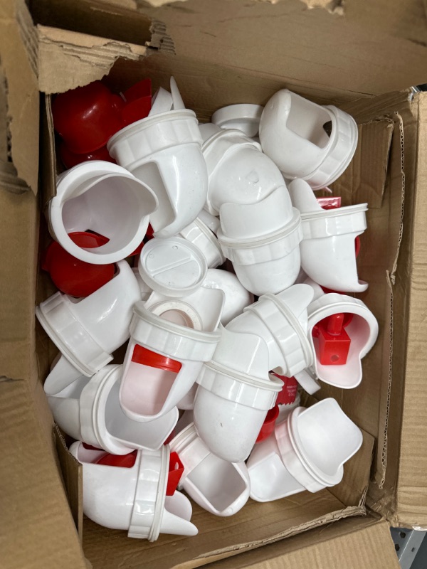 Photo 2 of 24 Pcs Chicken Feeder Kit and 24 Pcs Chicken Water Cup Kit, Gravity Chicken Waterer Cup and Chicken Feeder Port Kit with Hole Saw and Sealing Tape, Chicken Feeder No Waste for Chicken Duck Bird Quail 48 White+Red