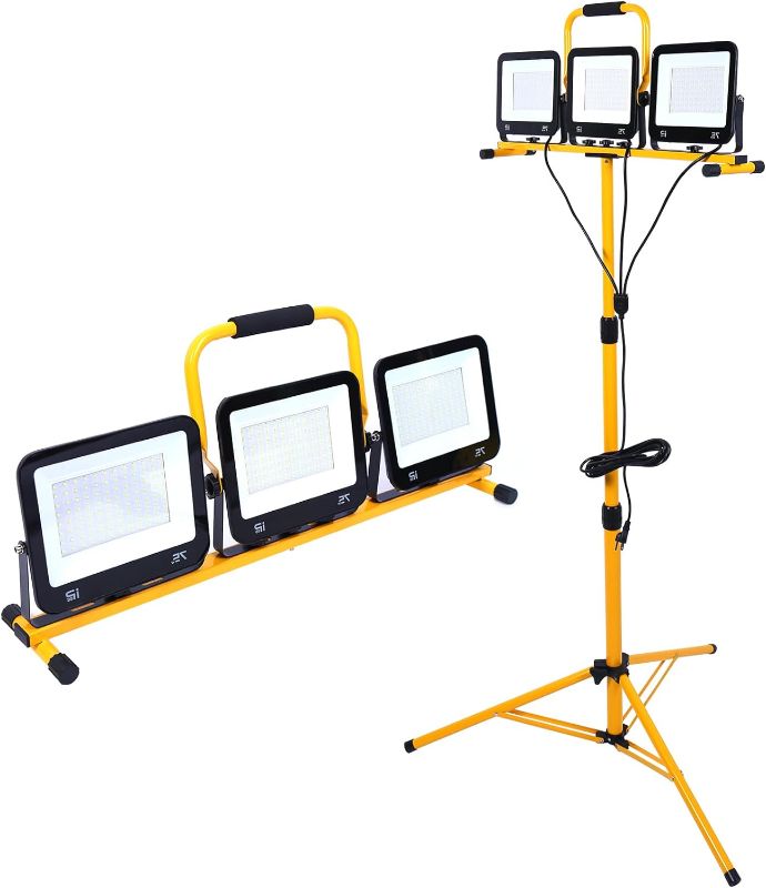 Photo 1 of 22500 Lumen Work Lights with Stand, 3 Adjustable Head LED Work Light, with 38.2"- 75.2" Adjustable and Foldable Tripod Stand, Waterproof Lamp with Individual Switch with 7500 Kelvin Color Temperature
