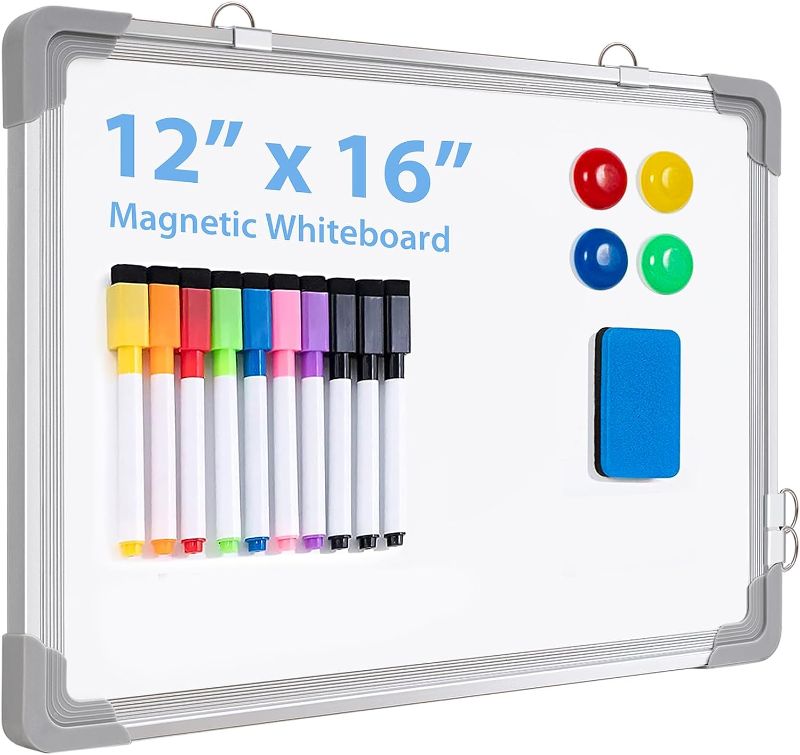 Photo 2 of Whiteboard Set - Dry Erase Board 24 x 18" with 1 Magnetic Dry Eraser, 4 Dry Wipe Markers and 4 Magnets - Small White Hanging Message Scoreboard for Home Office School (24x18" Landscape)