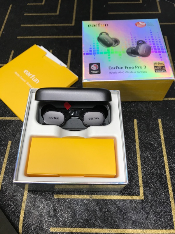 Photo 2 of EarFun Free Pro 3 Noise Cancelling Wireless Earbuds, Snapdragon Sound, Qualcomm aptX™ Adaptive, 6 Mics ENC, Bluetooth 5.3 Earbuds, Multipoint Connection, Customizable EQ App, Cozy Fit, Wireless Charge Brown Black