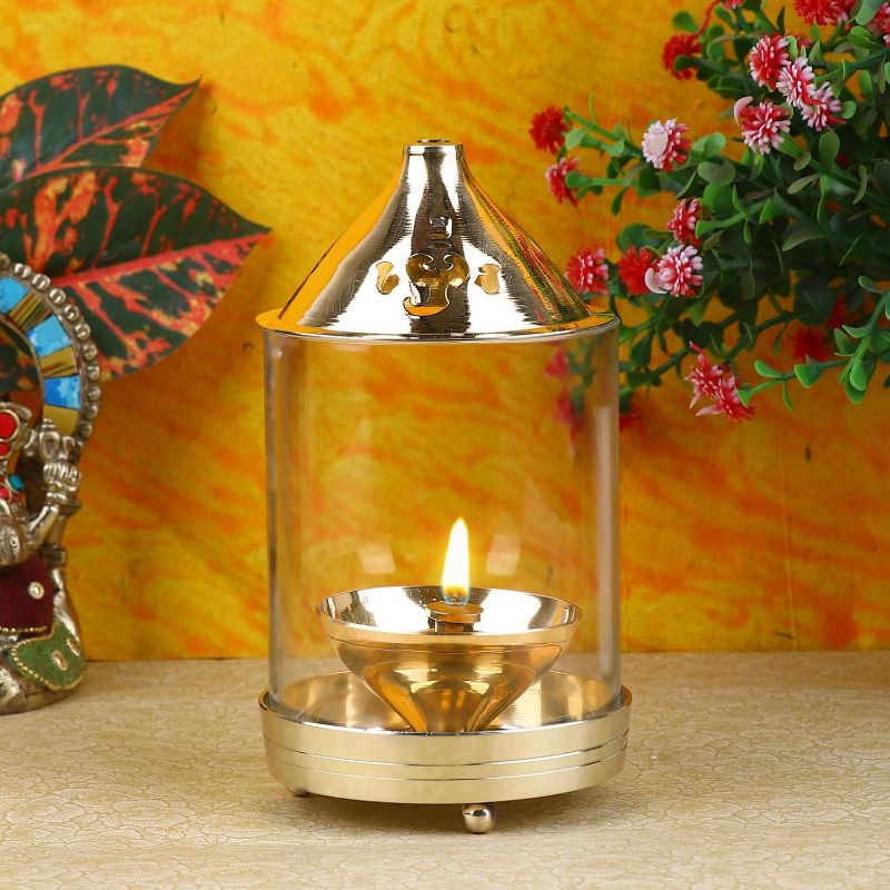 Photo 1 of  6 Inch Kanchdeep Akhand Diya Chimney Diya Diwali Gift/Diwali Deepawali Decoration Brass Decorative Crystal Oil Lamp Tea Light Holder Lantern Oval Shape | Puja Lamp Indian housewarming Gift Item