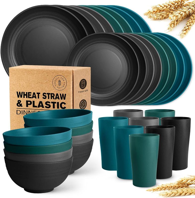 Photo 1 of 32-Piece Kitchen Plastic Wheat Straw Dinnerware Set, Service for 8, Dinner Plates, Dessert Plate, Cereal Bowls, Cups, Unbreakable Plastic Outdoor Camping Dishes, Coastal Multicolor