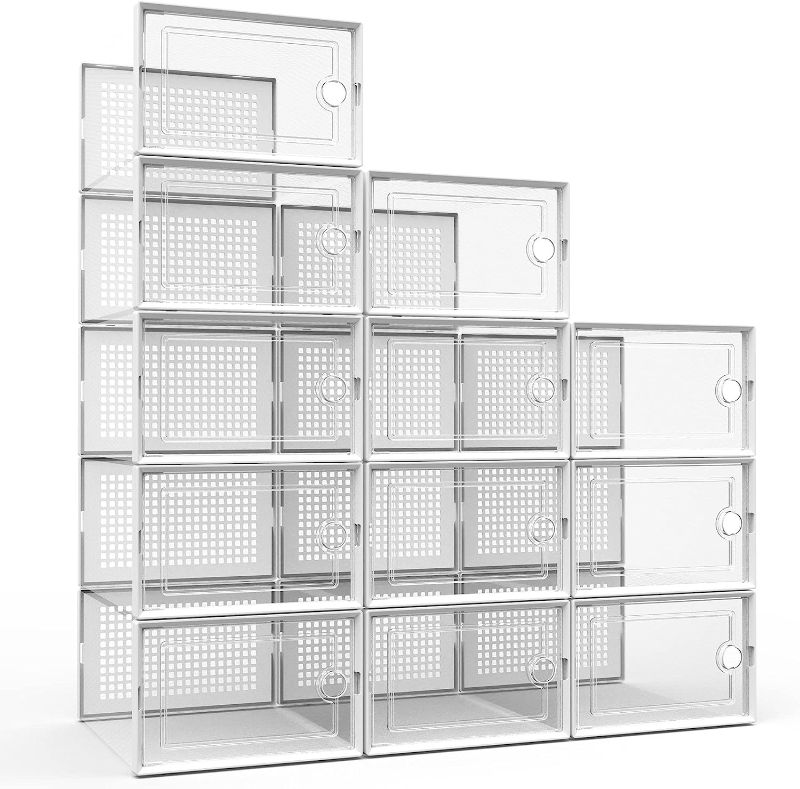 Photo 1 of Large Under Bed Shoe Organizers Storage Boxes for Closet 12 Pack, Clear Plastic Stackable Containers/Bins with Lids for Entryway, Drop Front, Fit...
