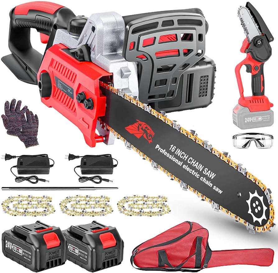 Photo 1 of 16-Inch Cordless Chainsaw, Electric Chainsaw with 4.0Ah X2 Batteries and 2 Fast Chargers, 24V Brushless Chain Saw with Tool Free Blade Tension System (with 4 Inch Mini Chainsaw)