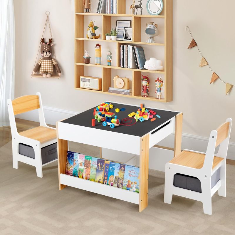 Photo 1 of Asweets Kids Table and Chair Set,4 in 1 Toddler Table and Chairs with Storage Drawer,Wooden Activity Table with 2 in 1 Detachable Tabletop and Bookshelve for Children Drawing Reading Art Craft
