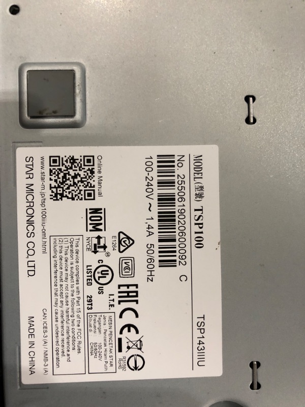 Photo 3 of ***SEE NOTES***Star Micronics TSP143IIIU USB Thermal Receipt Printer with Device and Mfi USB Ports, Auto-cutter, and Internal Power Supply - Gray Gray USB