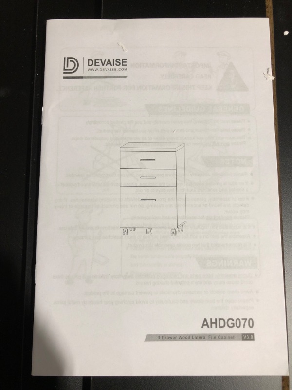 Photo 4 of * important * see clerk notes * 
DEVAISE 3 Drawer Lateral File Cabinet Under Desk, Wood Filing Cabinet for Letter/A4/Legal Size, Black