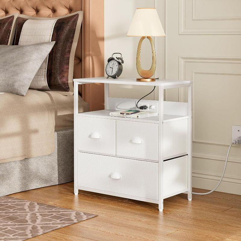 Photo 1 of (READ NOTES) Furnulem White Nightstand, Bedside Tables with Charging Station, 3 Fabric Drawer Side Table with Wooden Shelf for Bedroom, Bedroom Furniture