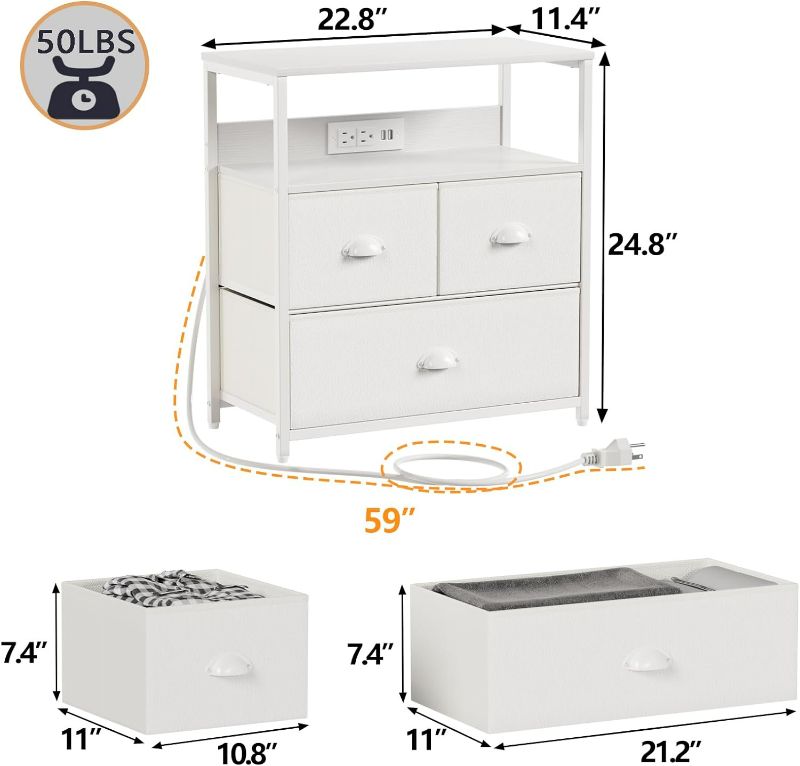 Photo 3 of (READ NOTES) Furnulem White Nightstand, Bedside Tables with Charging Station, 3 Fabric Drawer Side Table with Wooden Shelf for Bedroom, Bedroom Furniture