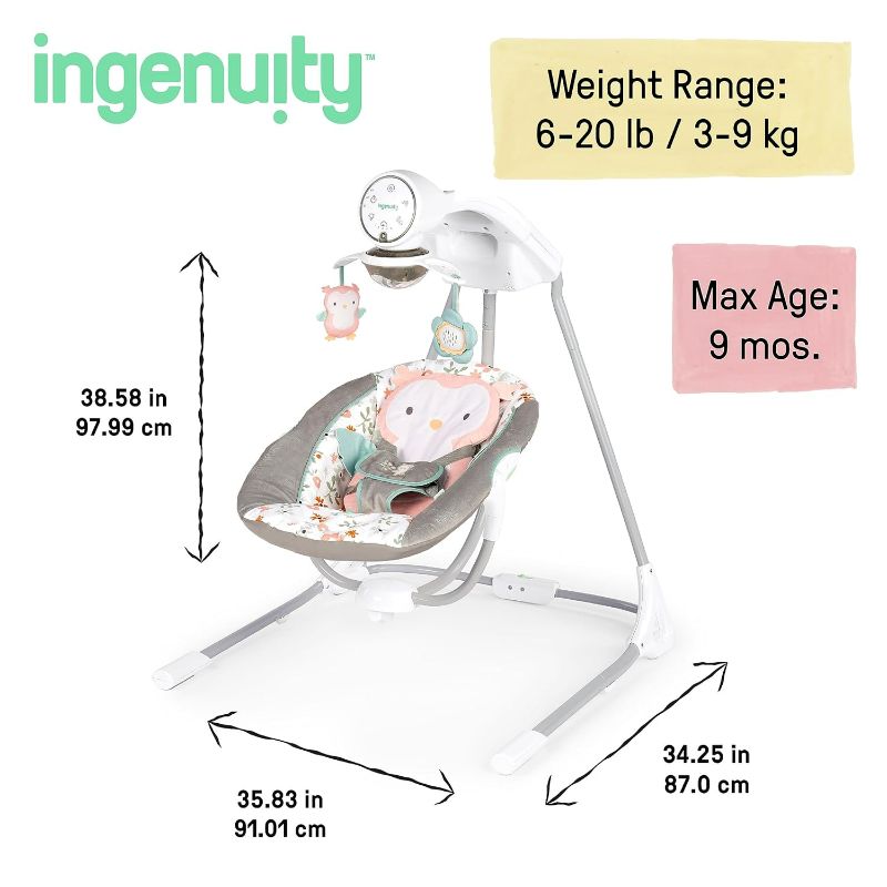 Photo 3 of (READ NOTES) Ingenuity InLighten 5-Speed Baby Swing - Swivel Infant Seat, 5 Point Safety Harness, Nature Sounds, Lights - Nally Owl