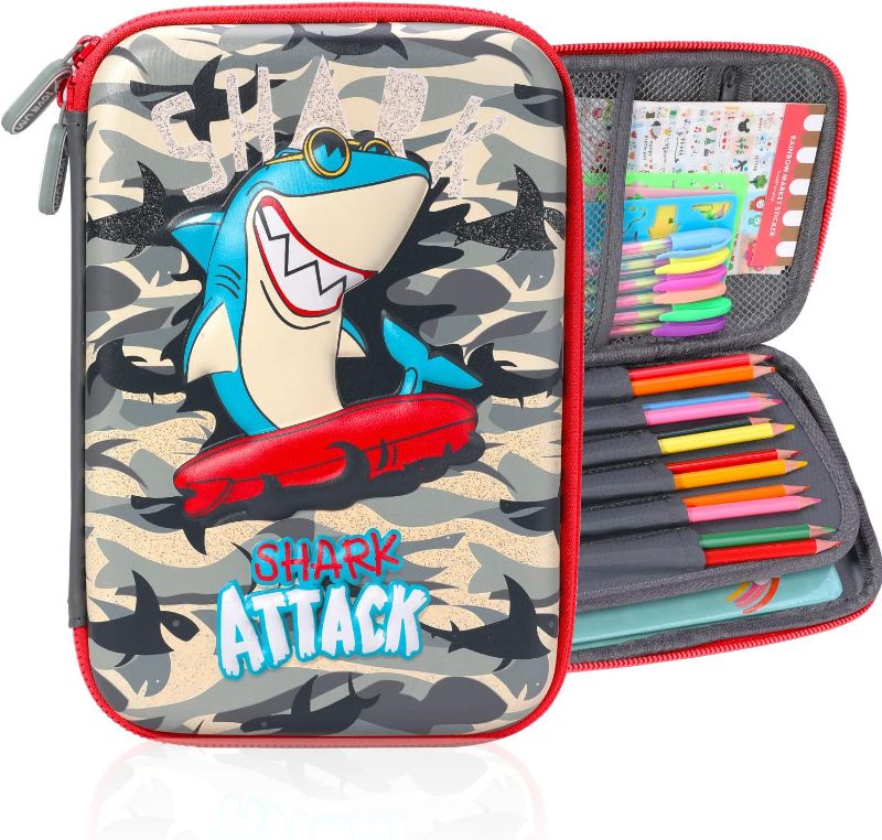 Photo 1 of YOYTOO Shark Pencil Case for Girls, 3D Cute EVA Shark Pen Pouch Stationery Box Anti-Shock Large Capacity Multi-Compartment for School Students Teens Kids Girls Boys