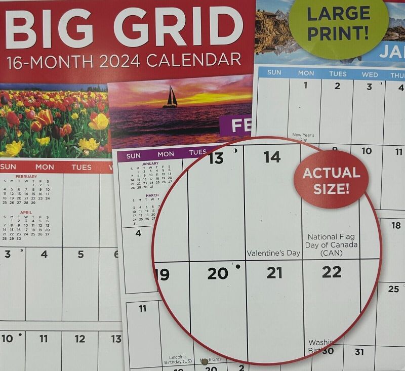 Photo 1 of (1) 2024 WALL CALENDARS-BIG GRID/ LARGE PRINT - Colorful PICS - 16 Month 12x22 "
