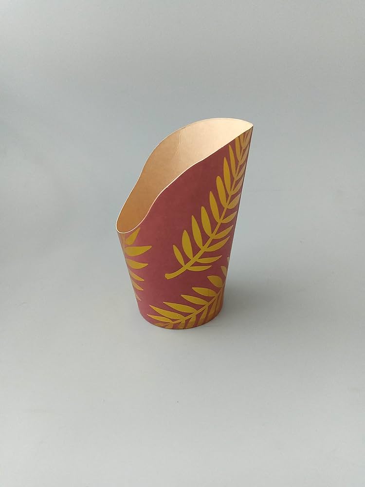 Photo 1 of 14oz Disposable Kraft Paper Snack, Charcuterie,French Fry, Dessert, Appetizer Cups (Red w. Gold Foil Leaf)