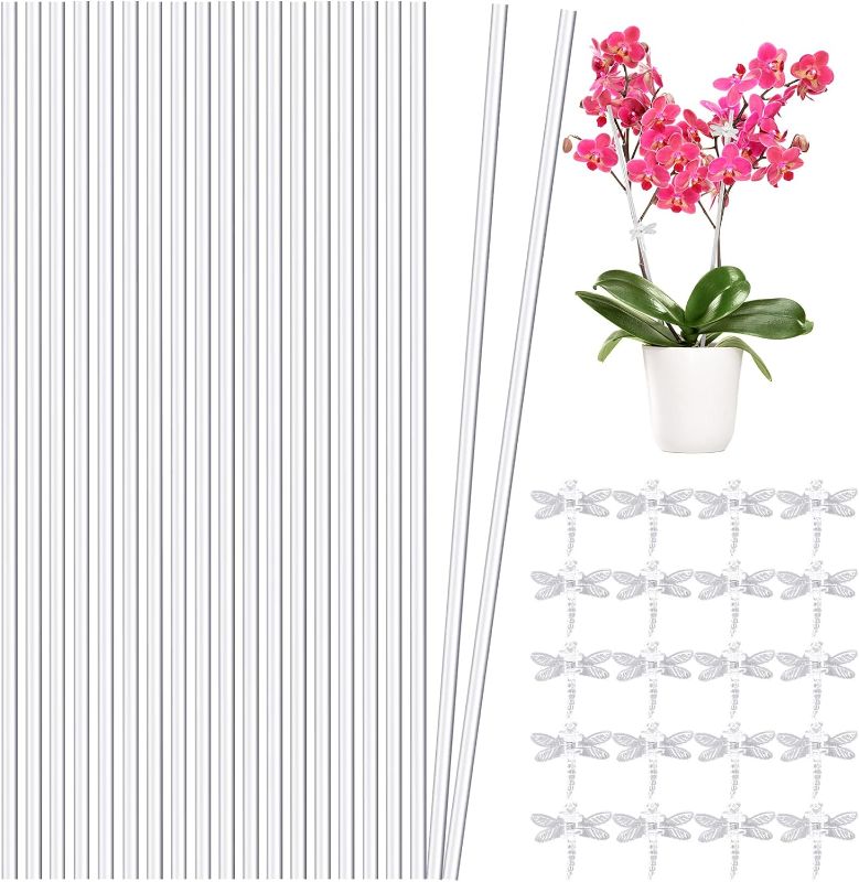 Photo 1 of Aboofx 20 Pieces 16 Inch Plant Stakes Acrylic Plant Stakes Garden Stakes Orchid Stakes, Clear Plant Sticks Plant Support Stakes with 20 PCS Clear Dragonfly Orchid Clips for Indoor and Outdoor Plants
