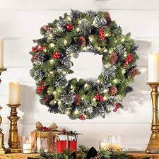 Photo 1 of 18 inch Artificial Christmas Wreath,Pines Cones, Frosted Branches,Berry Clusters,with Warm White LED Lights Wreath for Holiday Party Outdoor Decorations (Green)
