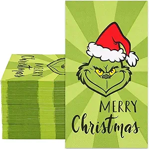 Photo 1 of Whaline 80Pcs Christmas Guest Napkins Green Cartoon 3 Ply Disposable Paper Pack Merry Christmas Dinner Hand Napkin Towel for Xmas Party Supplies Winter Holiday Wedding Birthday Table Decorations