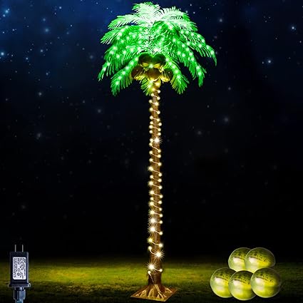 Photo 1 of 7FT 187 LED Lighted Palm Trees for Outside Patio, Artificial Palm Trees Lights for Outdoors, Light Up Tropical Palm Tree Indoor for Pool Beach Yard Summer Party Home Hawaiian Tiki Bar Decorations
