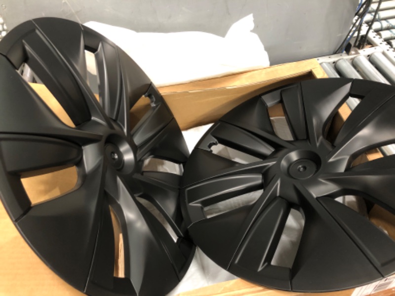 Photo 2 of KAVANIC Fits Tesla Model Y Wheel Cover Hubcap 19 Inch Matte Black Support Logo Range Improvement (4 PCS) Gemini Style 2020-2023 Model Y Wheel Cover Replacement Model Y Matt Black OEM Style