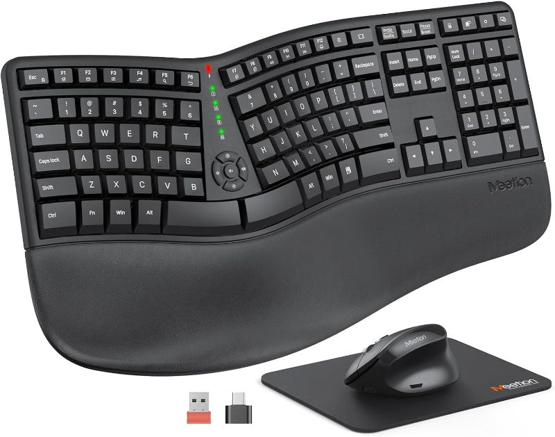 Photo 1 of 
MEETION Ergonomic Wireless Keyboard and Mouse, Ergo Keyboard with Vertical Mouse, Split Keyboard with Cushioned Wrist, Palm Rest, Natural Typing, Rechargeable, Full Size, Windows/Mac/Computer/Laptop
