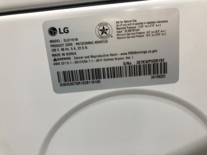 Photo 3 of LG 7.3-cu ft Side Swing DoorGas Dryer (White) ENERGY STAR
