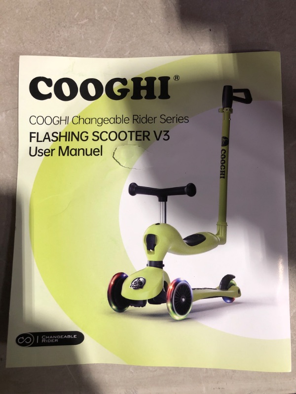 Photo 3 of * used * see images * 
COOGHI Toddler Scooter, 3-in-1 Kids Scooter with Flashing Wheels, Removable Parent Push Bar and Pedal