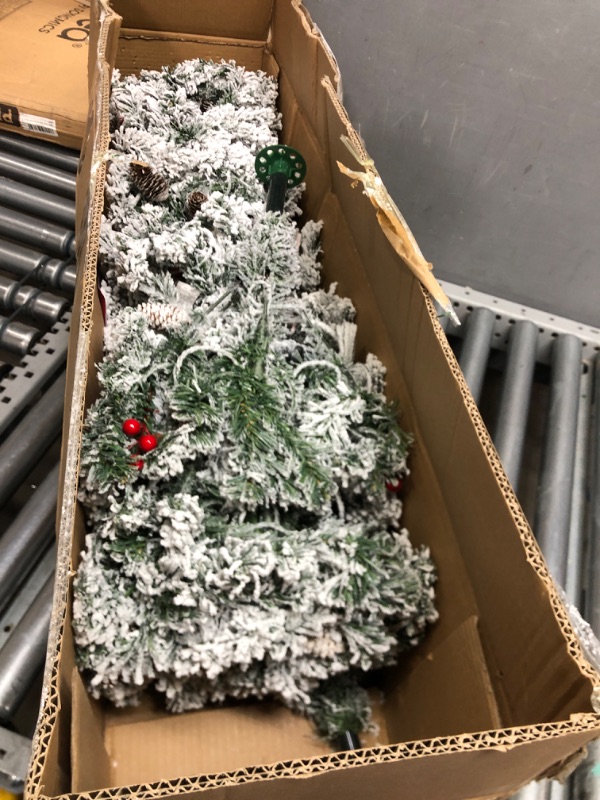 Photo 1 of 6.5ft Prelit Pencil Christmas Tree Snow Flocked Artificial Slim Christmas Tree 250 Warm White Lights 550 Full Snow Branch Tips Pinecone Red Berries White Xmas Tree Holiday Christmas Decoration Indoor Snow Flocked-warm Lights