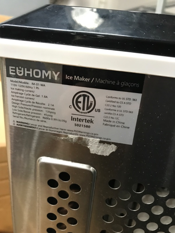 Photo 2 of [FOR PARTS, READ NOTES] NONREFUNDABLE
EUHOMY Ice Maker Machine Countertop, 27 lbs in 24 Hours, 9 Cubes Ready in 6 Mins, Electric ice Maker and Compact Potable ice Maker 