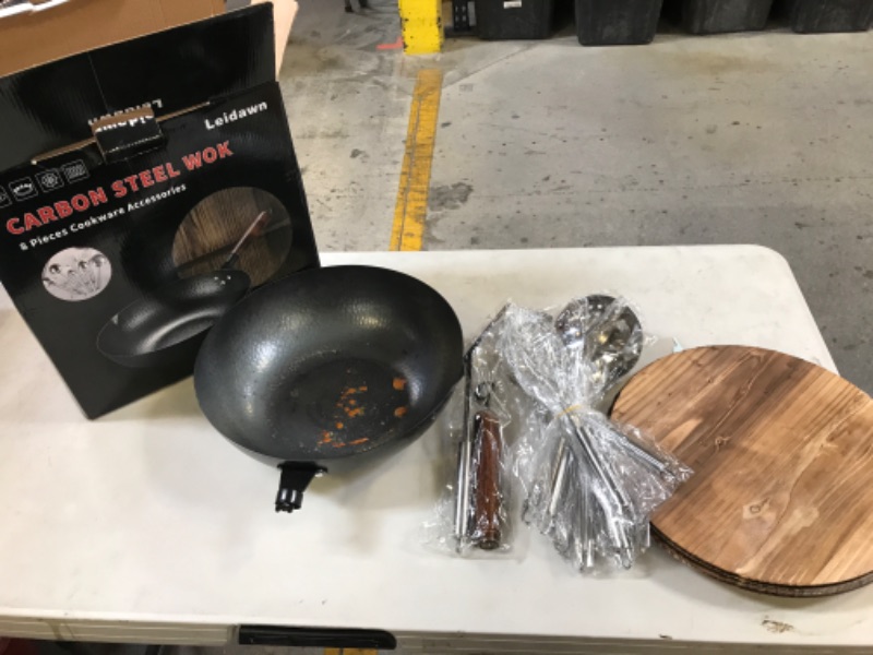 Photo 2 of 12.8"Carbon Steel Wok - 11Pcs Woks and Stir Fry Pans with Wooden Handle and Lid,10 Cookware Accessories,For Electric,Induction and Gas Stoves