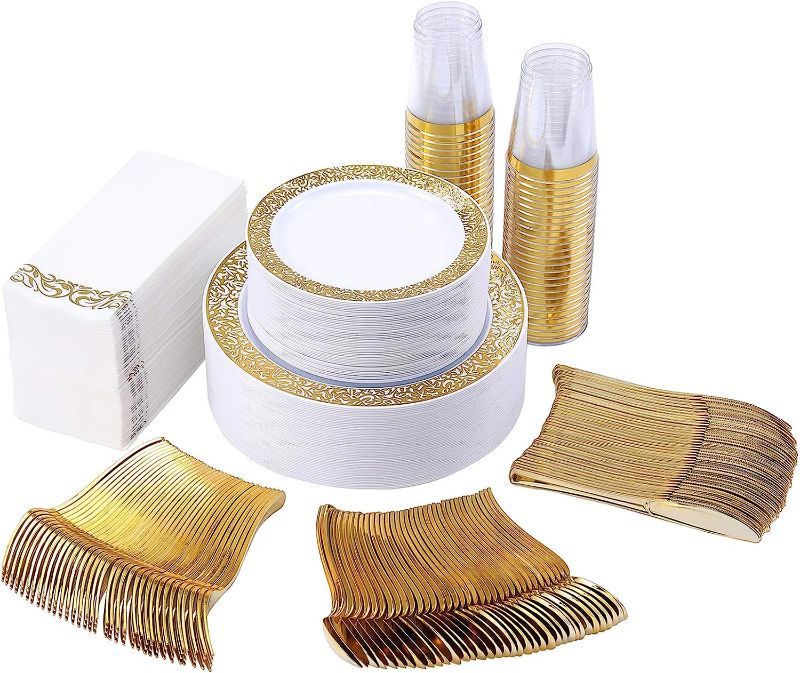 Photo 1 of 350 Piece Gold Dinnerware Set 50 Guest-100 Gold Lace Plastic Plates-50 Gold Plastic Silverware-50 Gold Plastic Cups-50 Linen Like Gold Paper Napkins, FOCUSLINE Disposable Dinnerware Set
