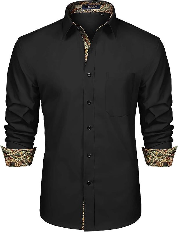 Photo 1 of HISDERN Men's Inner Contrast Casual Shirts Formal Classic Button Down Dress Shirt Long Sleeve Printed Regular Fit Shirt
large 