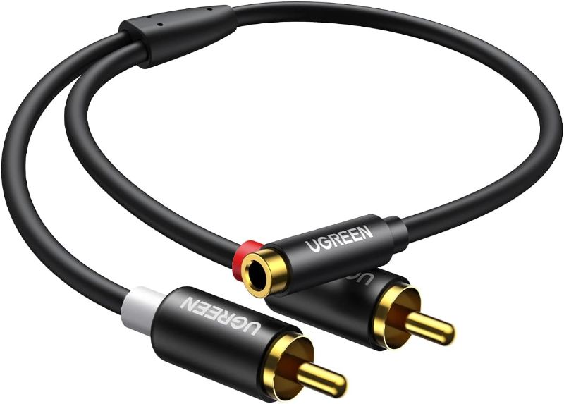 Photo 1 of UGREEN 3.5mm Female to 2RCA Male Stereo Audio Cable Gold Plated RCA to Aux Female Adapter Hi-Fi Sound Auxiliary RCA Cord Compatible with Smartphone Speakers Tablet HDTV MP3 TV Mixer Amplifier, 0.8FT
