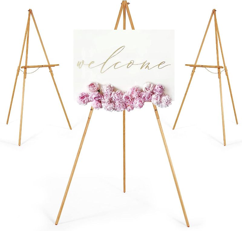 Photo 1 of VISWIN 3 Pcs 63" Wooden Tripod Display Easel Stand for Wedding Sign, Poster, A-Frame Artist Easel Floor with Tray for Painting, Canvas, Foldable Easel
