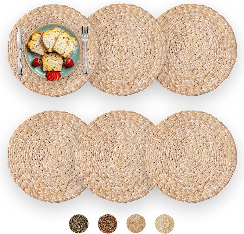 Photo 1 of 15" Decocoon Set of 6 White Woven Placemats, Rattan Charger Plates, Charger for Dinner Plates, Wicker Placemats, Seagrass Charger Plates, Chargers Wicker, Boho Placemats, Table Mat
