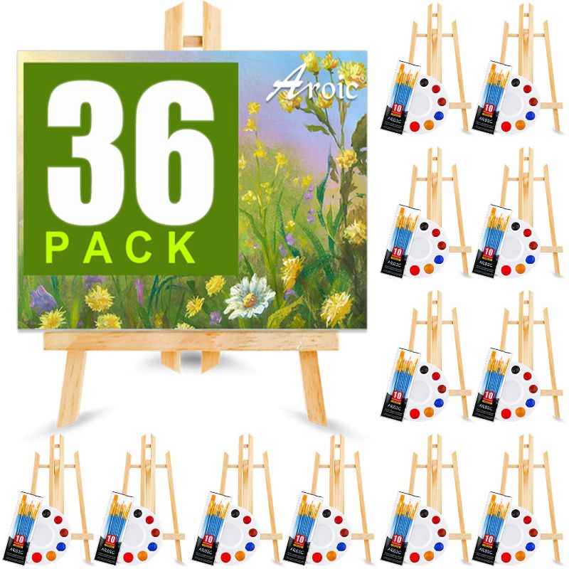 Photo 1 of 144 PCS Professional Painting Set with Easels, 12 PCS Wood Easels,12 Packs of 120 Brushes with Nylon Brush Head and 12 PCS Palettes, Painting Supplies kit for Kids & Adults to Painting Party.
