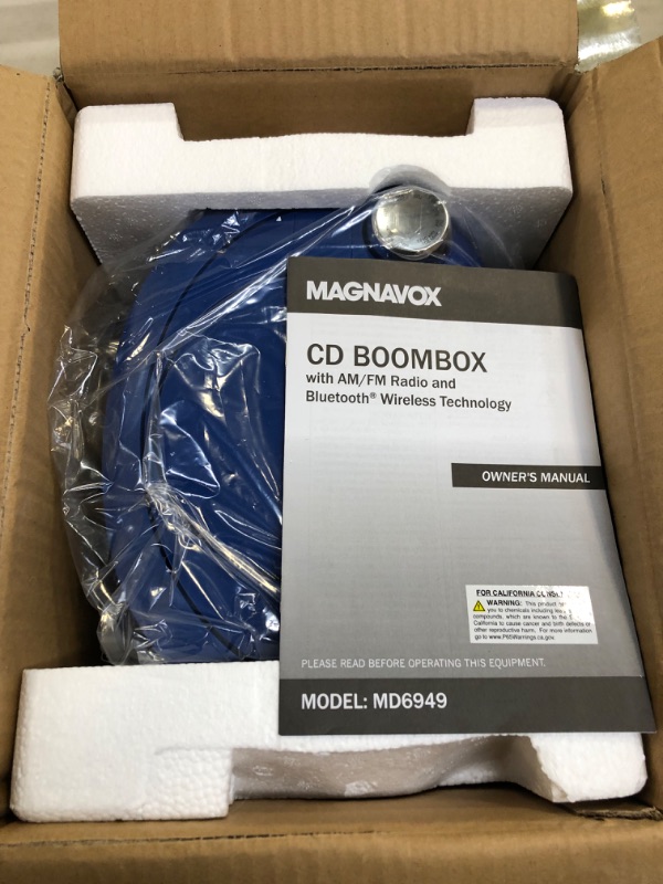 Photo 1 of Magnavox MD6949-BL Portable Top Loading CD Boombox with AM/FM Stereo Radio and Bluetooth Wireless Technology in Blue | CD-R/CD-RW Compatible | LED Display |