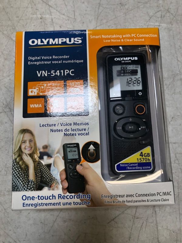 Photo 2 of Olympus VN-541PC digital voice recorder with one-touch recording, noise-cancellation function, 4GB memory, four scenes recording, includes a micro-USB cable.