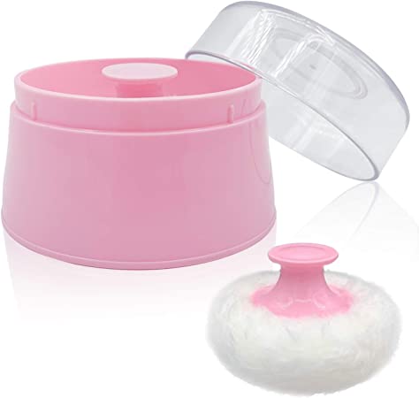 Photo 1 of BPA Free Baby Powder Puff Box, Large 2.8" Fluffy Body After-Bath Powder Case, Baby Care Face/Body Villus Powder Puff Container, Makeup Cosmetic Talcum Powder Container with Hand Holder (Pink)