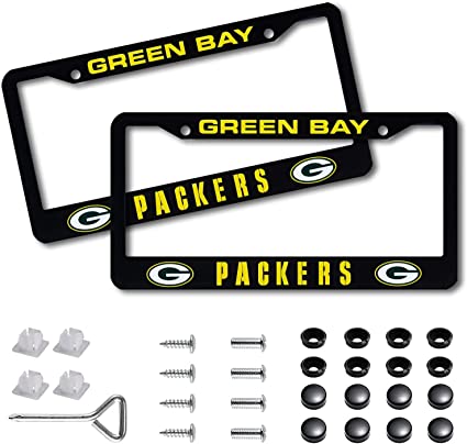 Photo 1 of 2X New License Plate Frames for Packers, Black Applicable to American Auto Licence Plate Holders, Front and Rear License Plate Tag with Screw Caps