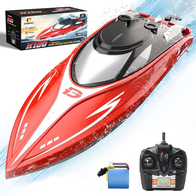 Photo 1 of DEERC H120 RC Boat 20+ MPH, Fast Remote Control Boats for Pools and Lakes, 2.4 GHz Racing Boats for Kids & Adults with Rechargeable Battery,Low Battery Alarm,Capsize Recovery,Gifts for Boys Girls