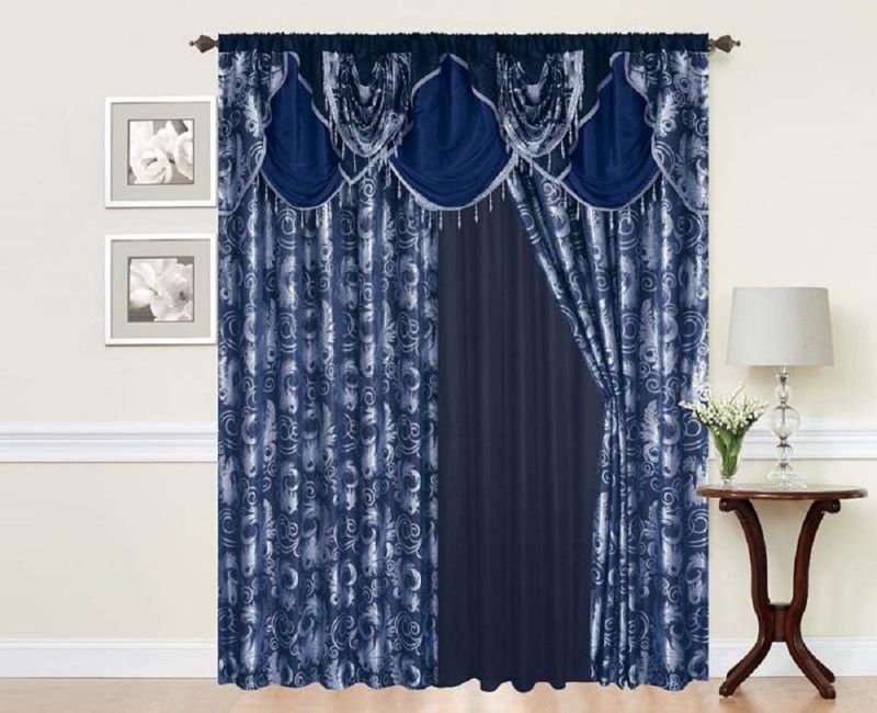 Photo 1 of Golden Rugs Jacquard Luxury Window Panel Set Curtain with Attached Valance and Backing Bedroom Living Room Dining 110”X84” Jana Collection (Navy)
