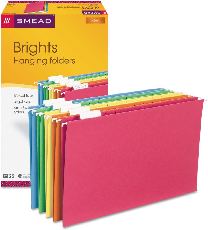 Photo 1 of Smead 64159 Hanging File Folders 1/5 Tab 11 Point Stock Legal Assorted Colors 25/Box