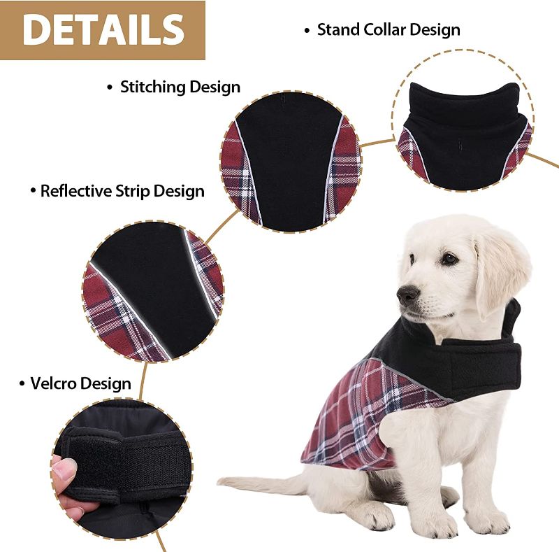 Photo 1 of Dog Coat, Reversible & Adjustable Plaid Dog Winter Jacket with Reflective Strips, Waterproof Warm Pet Fleece Vest for Small Medium Large Doggies (Red, XXX-Large)