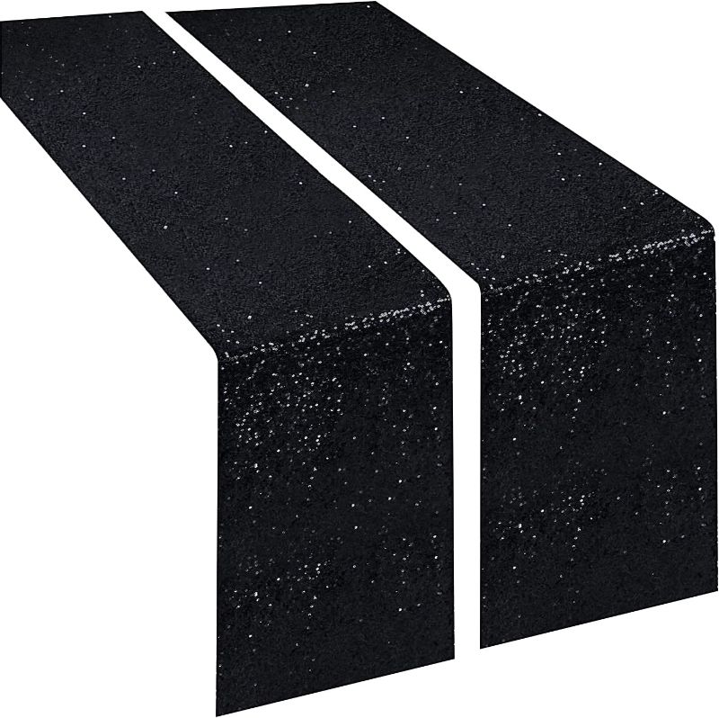 Photo 1 of  Black Sequin Table Runner 12''x 108'', 2 Pack Glitter Table Cloth for Graduation Decorations, Wedding Party Supplies Birthday...