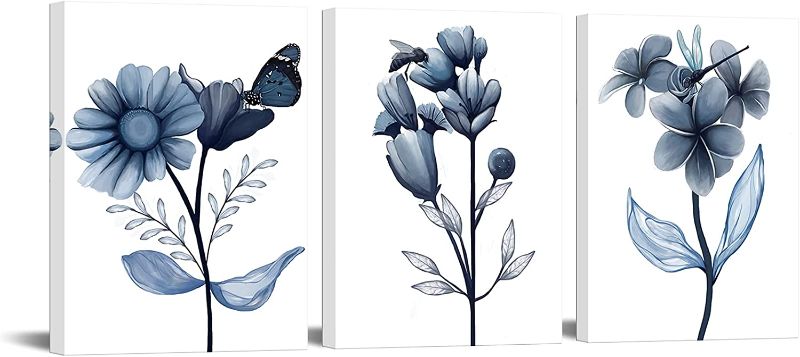 Photo 1 of 3 Piece Canvas Wall Art Navy Flower Painting Art Prints Blue Floral With Butterfly Picture Artwork Modern Bedroom Bathroom Wall Decor Framed Ready to Hang Each Panel 12x16 Inches