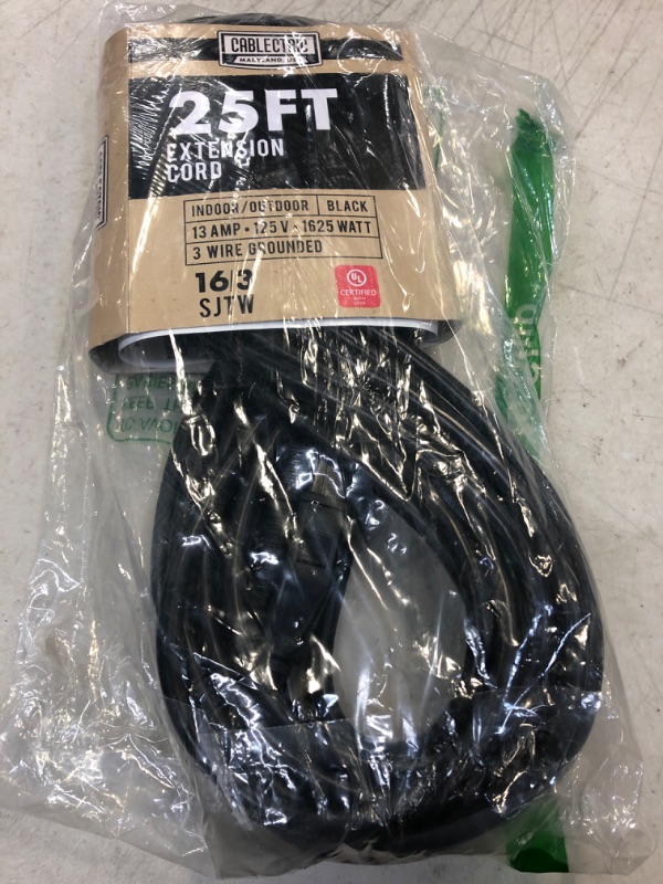 Photo 2 of Cablectric 25 Foot Outdoor Extension Cord - 16/3 SJTW Black 16 Gauge Electrical Cable with 3 Prong Grounded Plug