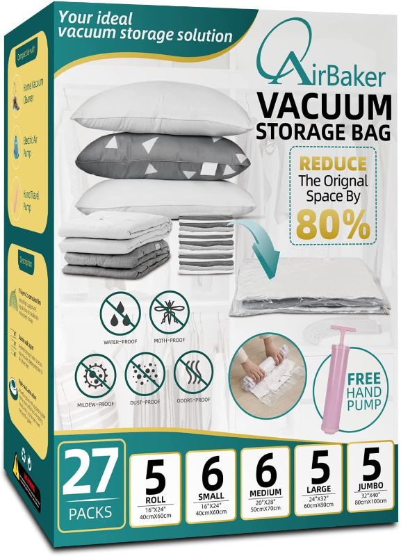 Photo 1 of AirBaker Vacuum Storage Bags Space Saver 27 Pack for Clothes Blankets Clothing Traveling Comforters Mattress Vacuum Sealer Bag with Travel Pump
