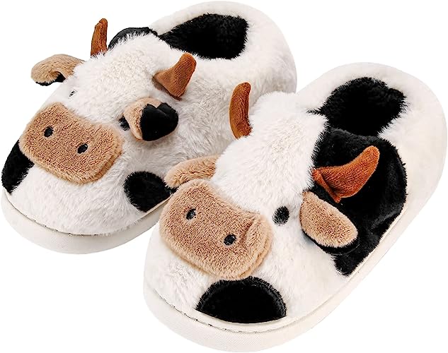 Photo 1 of  Cartoon Cow Slippers for Women Girls Cotton Animal Fuzzy Slippers Slip-On Cute Fluffy Cow Slides Boys Mens Warm Plush House Slippers for, SIZE8 